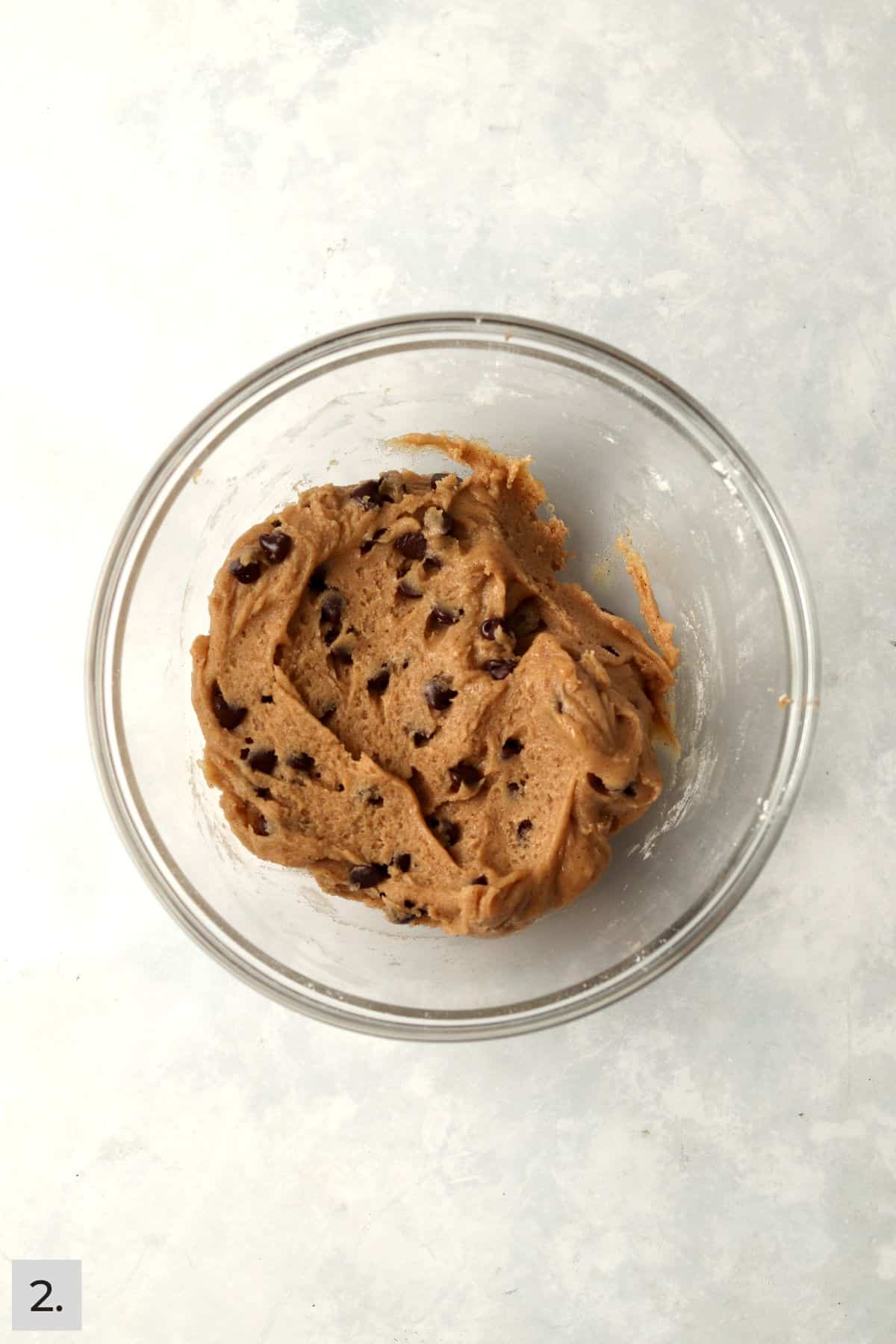 Almond butter chocolate chip cookie dough in a bowl.