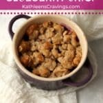 An individual blueberry crisp made with frozen blueberries.