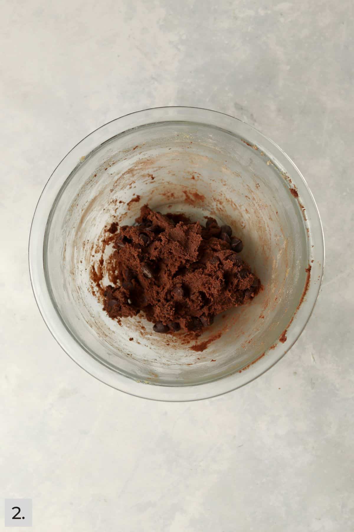Small batch of double chocolate cookie dough in a mixing bowl.