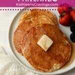 Single serve pancakes on a plate with syrup.