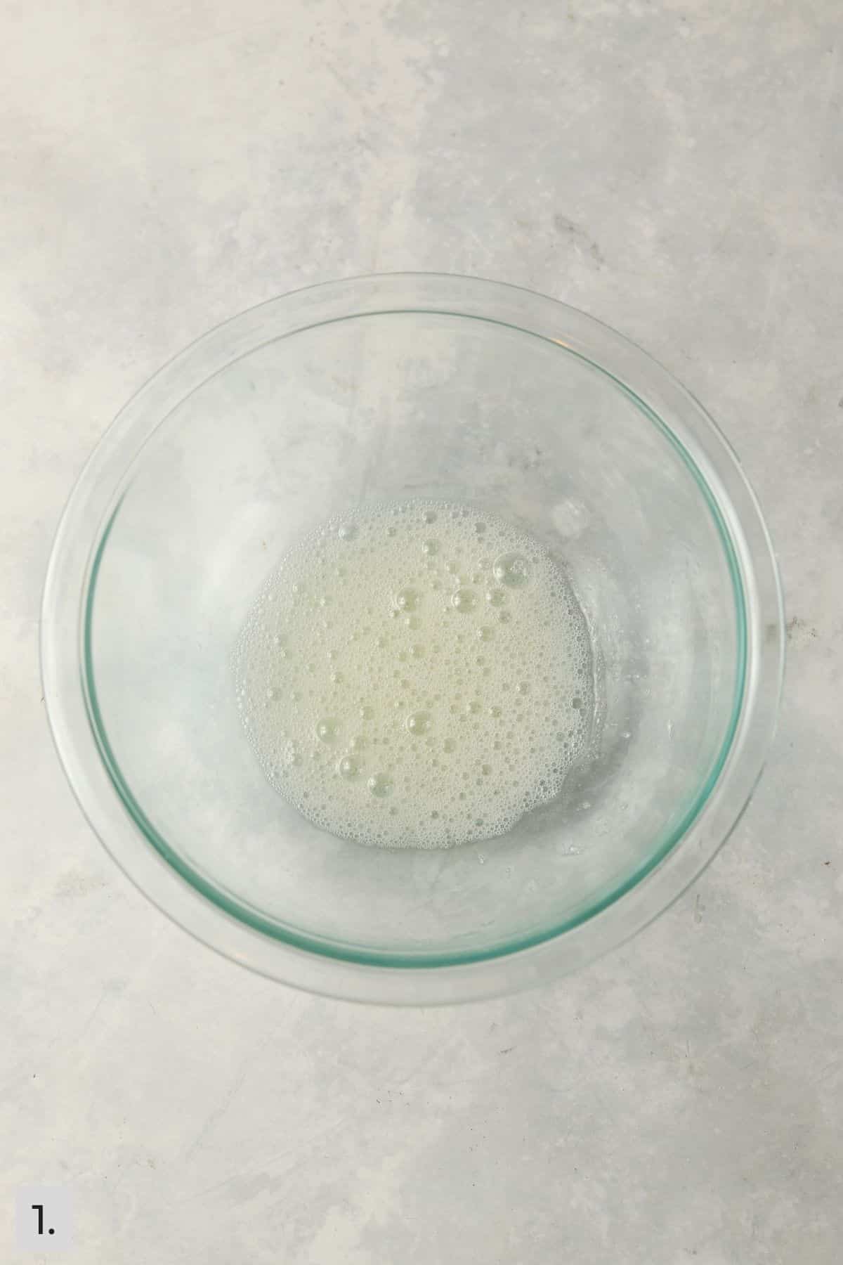 Egg white whipped in mixing bowl.
