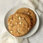 Single serve white chocolate macadamia nut cookie on a plate.