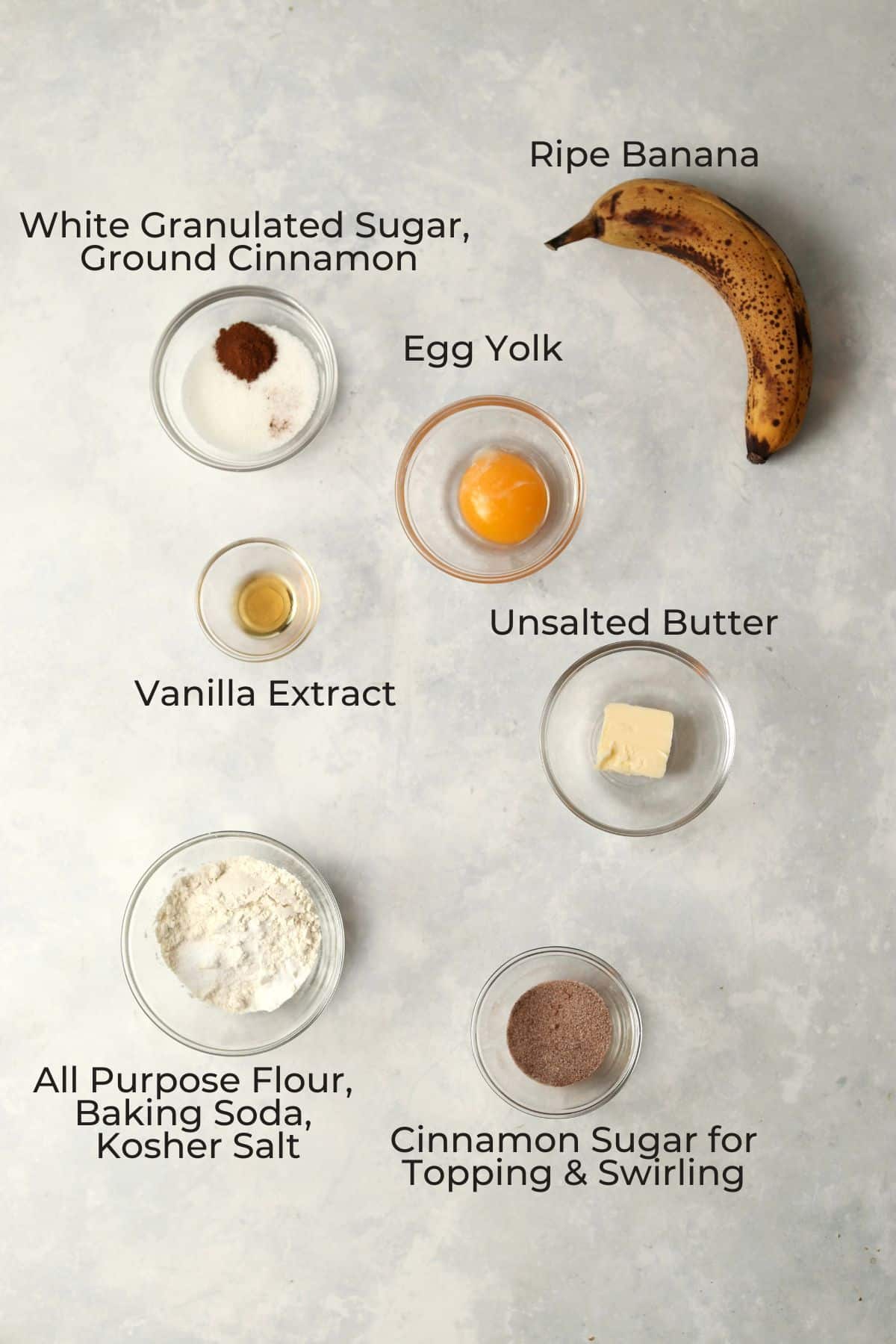 Ingredients to make small batch banana bread with cinnamon sugar topping.