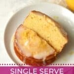 Single serve lemon pound cake with glaze on a plate.