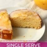 Single serve lemon pound cake with glaze cut in half to show center.