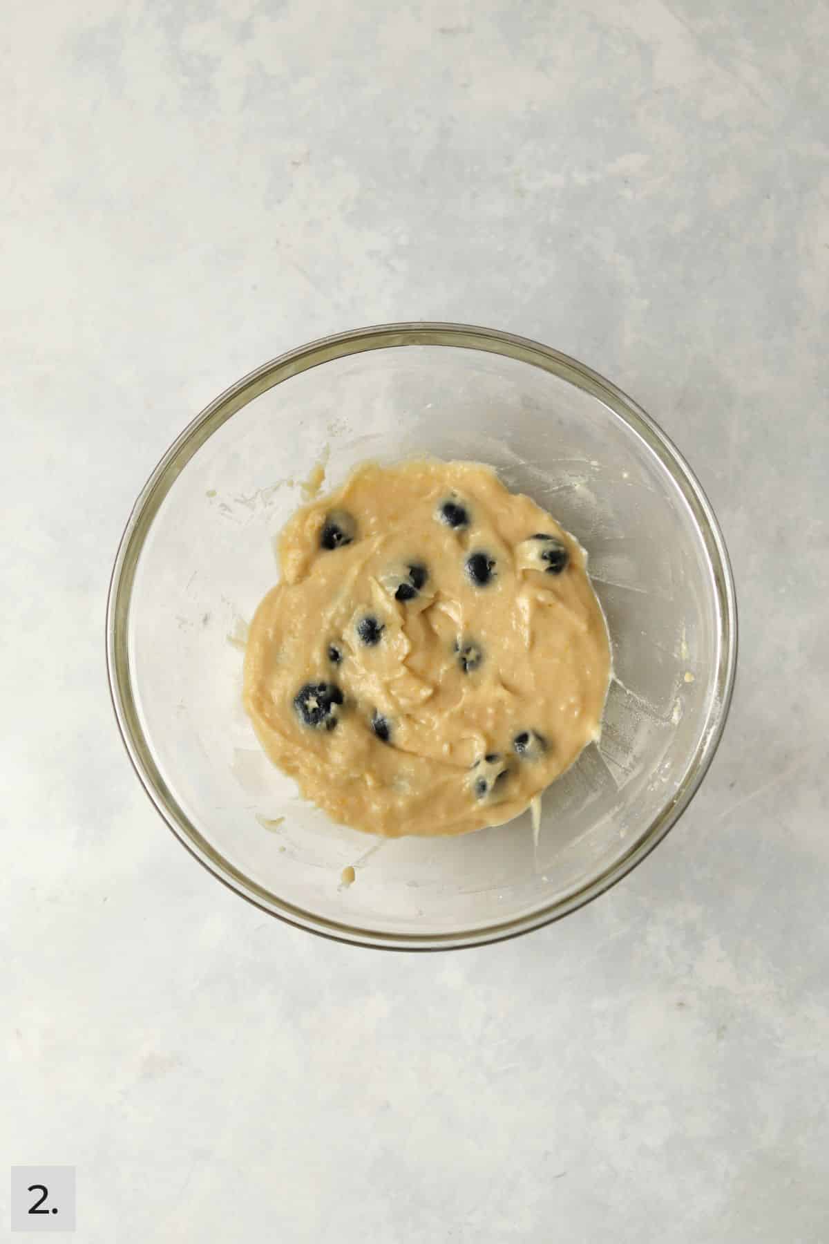 Small batch blueberry muffin batter in a mixing bowl.