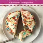 Small batch confetti cake cut in half.