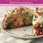 Single serve funfetti cake filled with sprinkles and frosted.