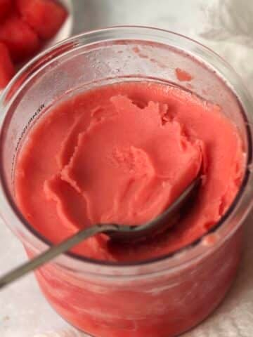 Ninja Creami Watermelon Sorbet in the pint container.