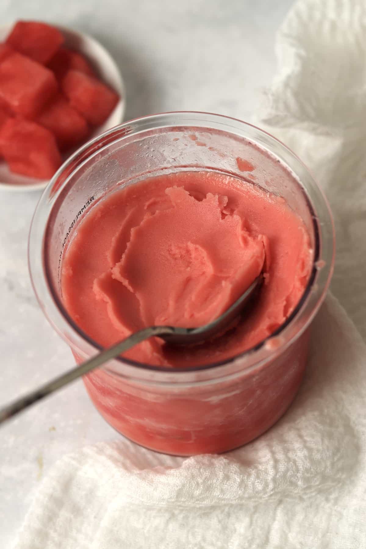 Ninja Creami Watermelon Sorbet in a pint container.