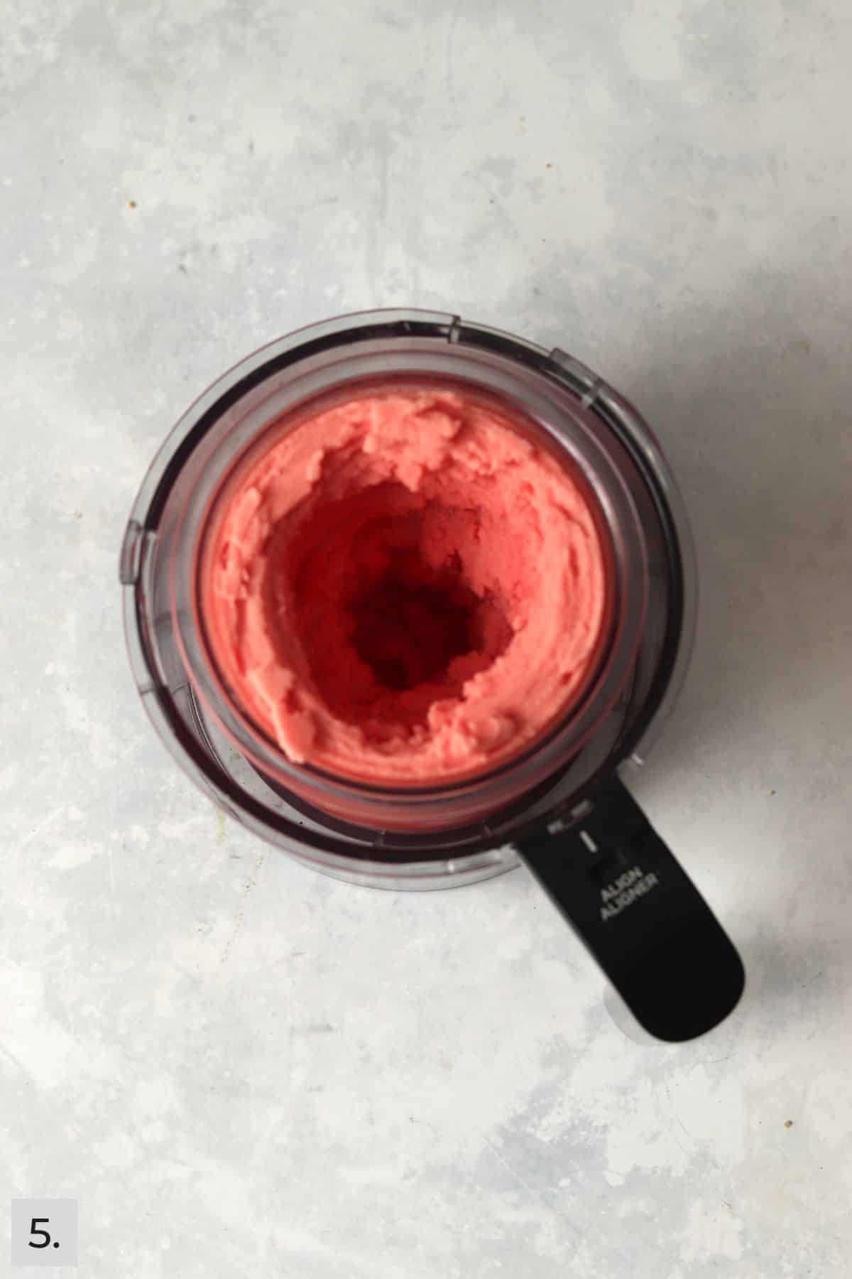 Blended Ninja Creami Watermelon Sorbet in container.