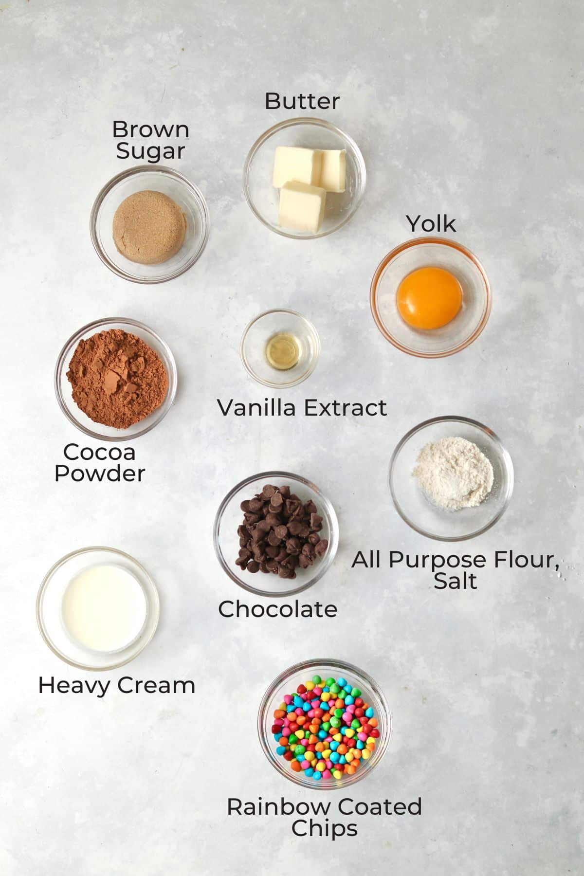 Ingredients for a single serve cosmic brownie in small glass prep bowls.