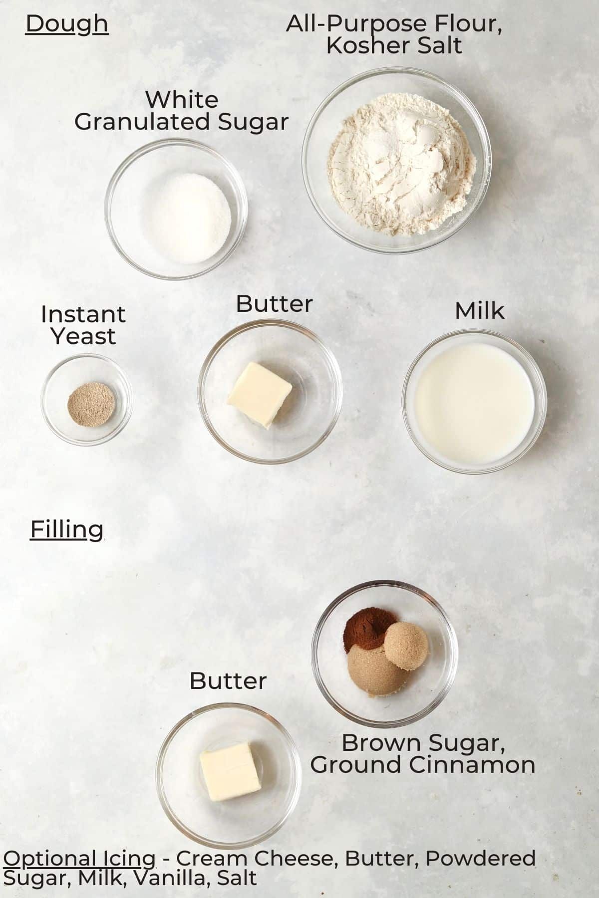 Ingredients to make a single serve cinnamon roll in small glass prep bowls.