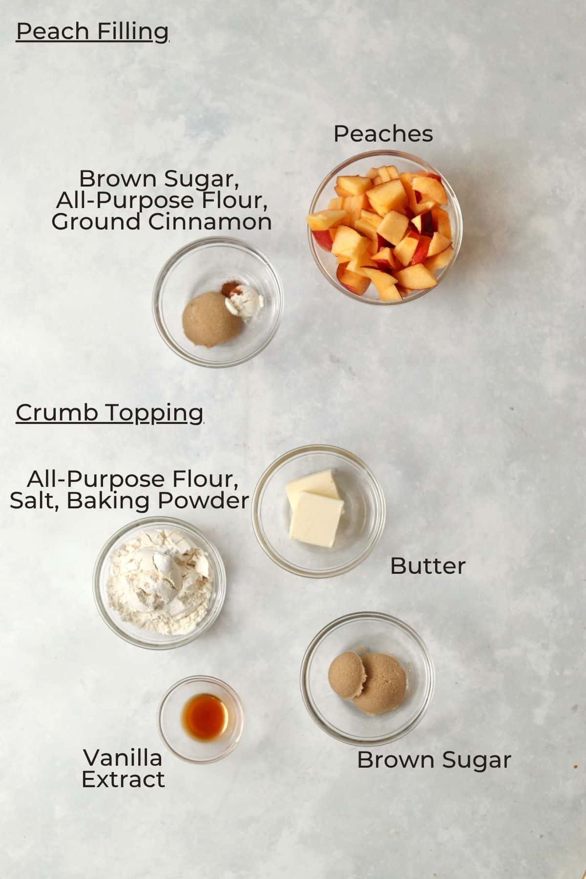 Ingredients to make an individual peach crumb bar in small glass bowls.