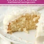 Single serve coconut cake with coconut frosting on a plate.