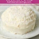 Single serve coconut cake with coconut frosting on a plate.