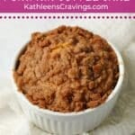 Single serve pumpkin coffee cake with streusel baked in a ramekin.