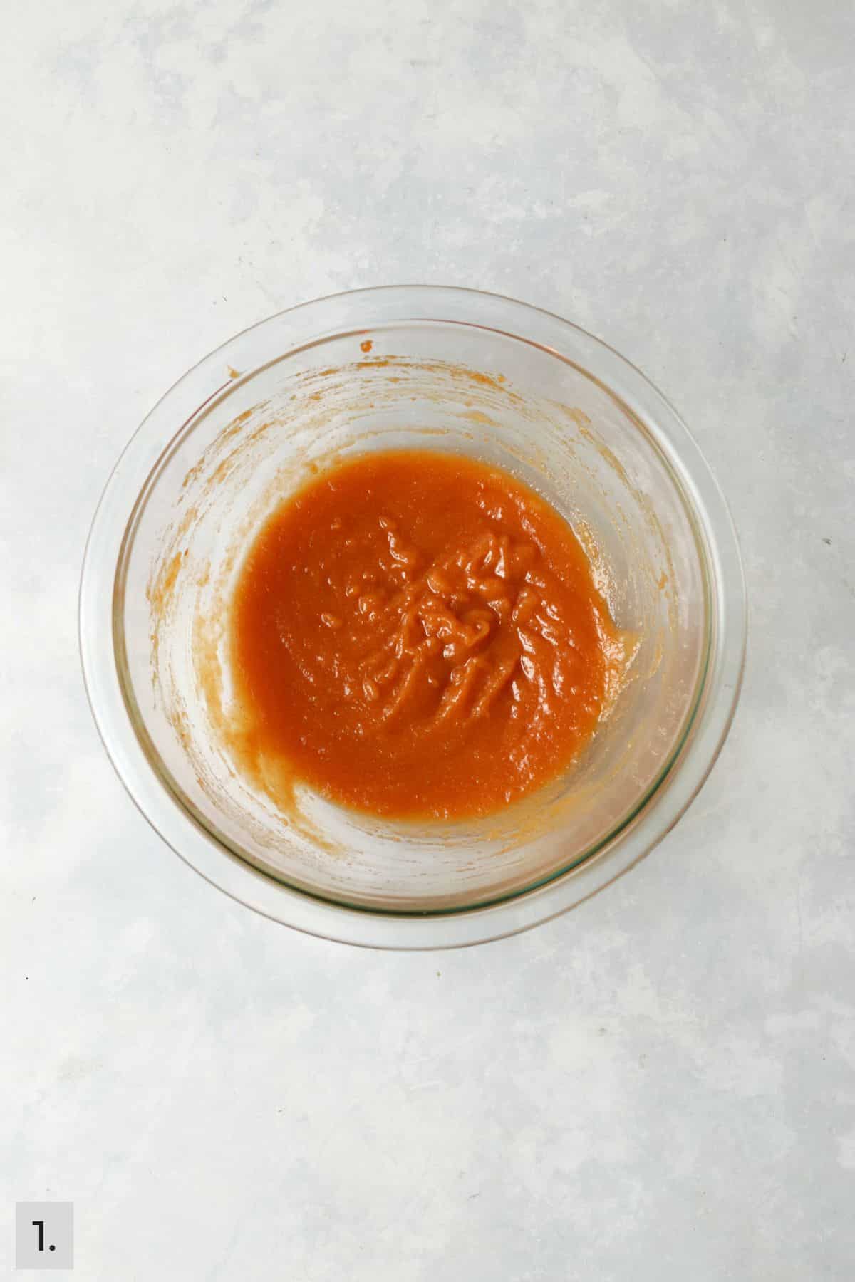 Pumpkin puree mixed with the sugars, egg yolk, and melted butter.