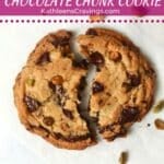 Single serve pistachio chocolate chunk cookie broken in half.