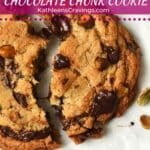 Close up of a single serve pistachio cookie with melty chocolate chunks.